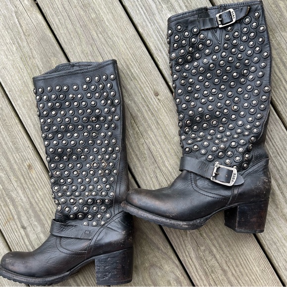Frye Vera Disc Black Studded Heeled Boots - Picture 4 of 6